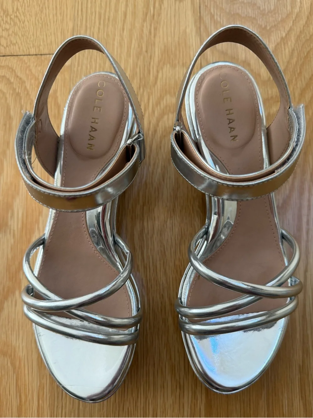 Cole Haan Grand Ambition Addison Metallic Silver Platform Sandals, Size 6 1/2